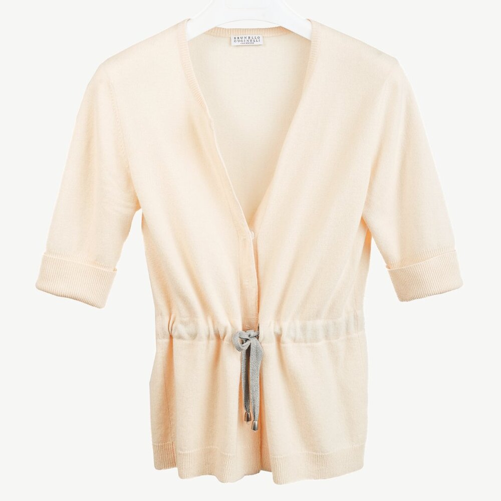 Brunello Cucinelli Cream Cashmere Drawstring-Waist Elbow-Sleeve Cardigan